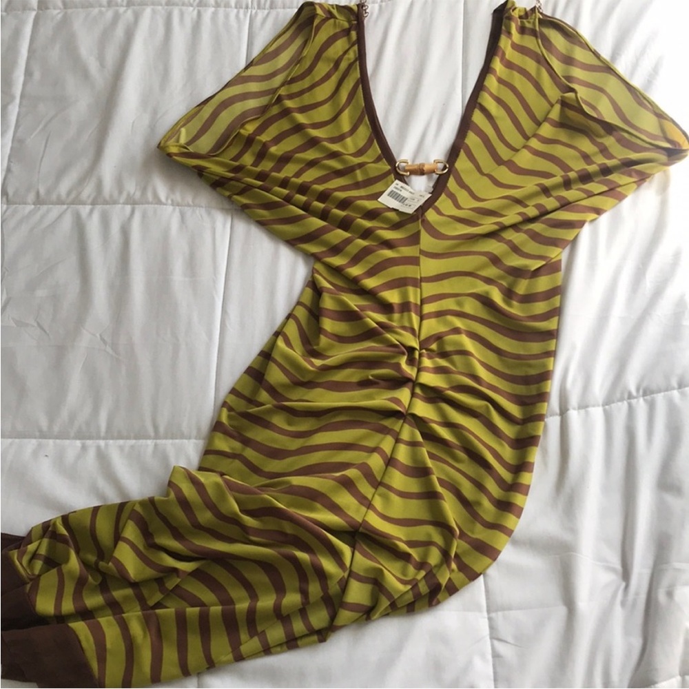 Striped V-Neck Dress in Yellow and Brown - Picture 9 of 12